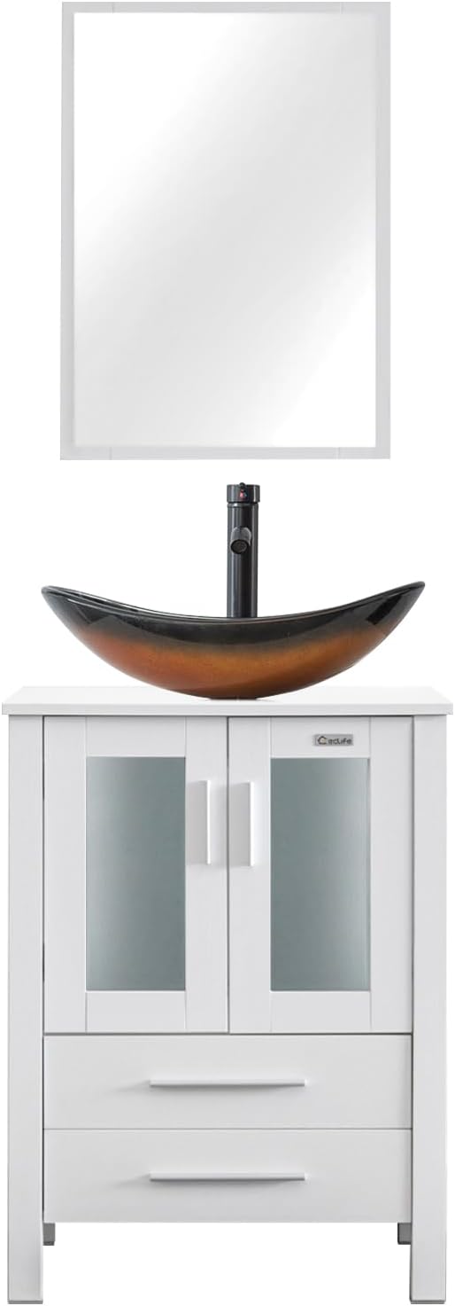 eclife 24" Modern Bathroom Vanity Sink Combo Freestanding Cabinet with Soft Closing Door, Brown Boat Glass Vessel Sink, Water Save Faucet, Drain (White+A29BR)