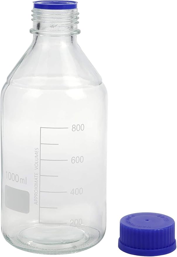 Lab Media Storage Round Bottles Graduated Glass Container GL45 Screw Cap Leakproof Multi-Purpose for Scientific — pack of 4 (Blue,1000ml)