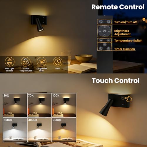 Wall Sconce Battery Operated Reading Lights, 10000mAh Rechargeable Wireless LED Wall Lights, 3 Color Temperatures Dimmable Bedside Lamps for Bedroom Living Room, 1 Pack - Image 6