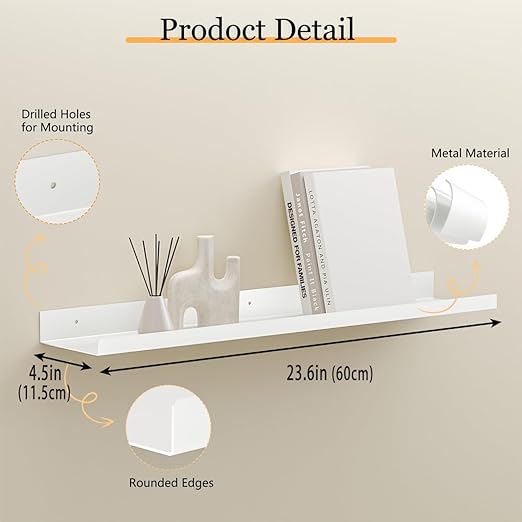 BYCY Metal Floating Shelves Set of 4,23.6 inch Floating Bookshelves for Wall Mounted,Wide Magnetic Book Display Wall Shelves for Classrooms Kitchen Bedroom Room Decor (White)