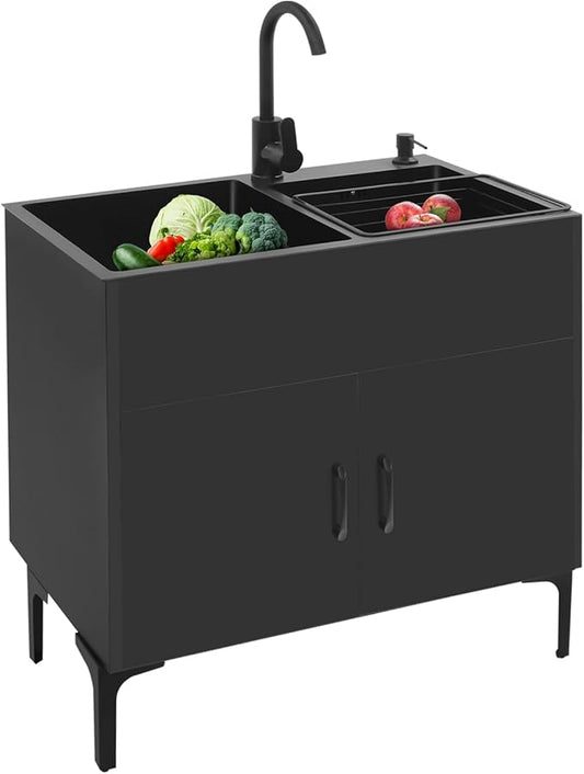 30-Inch Laundry Sink with Cabinet & Hot/Cold Faucet, Large Utility Sink Cabinet with Stainless Steel Double Sinks & Drain Basket, Freestanding Black Cabinet with Sink for Laundry&Utility Room,Kitchen