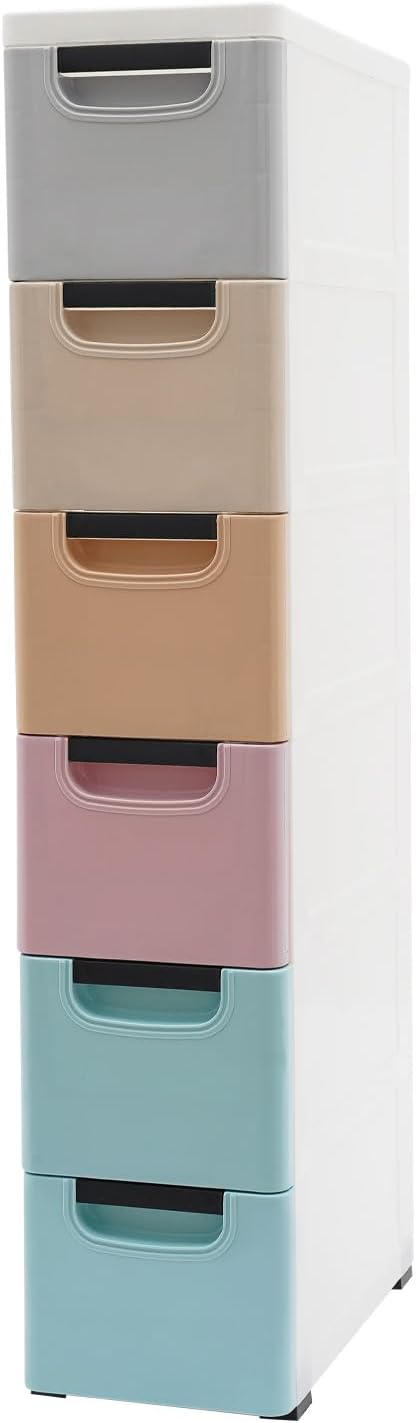 6 Drawers Narrow Slim Plastic Storage Cabinet,Storage Drawer with Wheels,6 Tier Drawers Dresser,Rolling Narrow Cabinet for Small Spaces Bathroom Kitchen Bedroom Living Room,Multicolor