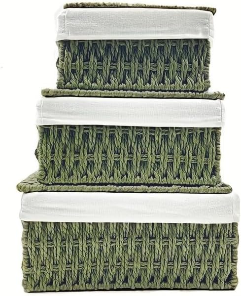 Woven Storage Baskets with Lids, Set of 3, Green Paper Rope Wicker Bins, Stackable Shelf Organizer Boxes for Bathroom Closet Nursery