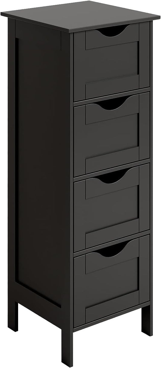 Bonnlo Slim Bathroom Floor Cabinet, 4-Drawer Wooden Freestanding Storage Unit, Small Side Organizer for Narrow Spaces, Compact Bathroom Storage Cabinet for Kitchen, Hallway & Office, Matte Black