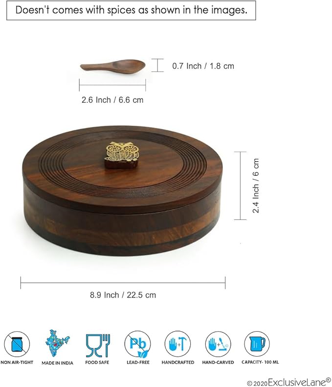 ExclusiveLane 'Mystic Owl Block' Sheesham Wood Indian Spice Box with Spoon (7 Partitions, Each Partition : 2.8 oz) | Masala Dabba Box Spice Storage Container Rack Wooden Spice Box for Gift