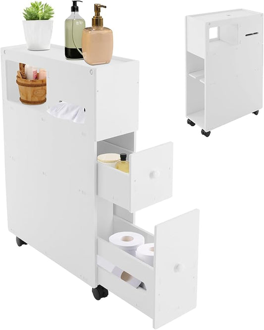 Slim Bathroom Storage Cabinet with Toilet Paper Holder, Small Narrow Floor Cabinet with Drawers & Lockable Wheels, Modern White Bathroom Cabinet Organizer for Tissues, Towels, Toiletries