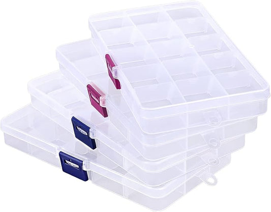 Rhinestone Organizer Storage Box, 4PCS 15-Grid Small Clear Plastic Jewelry Case, Empty Container Dividers for Nail Art Craft Accessory, Display Holder for Fishing Tackle, Bead, Charms, Sewing