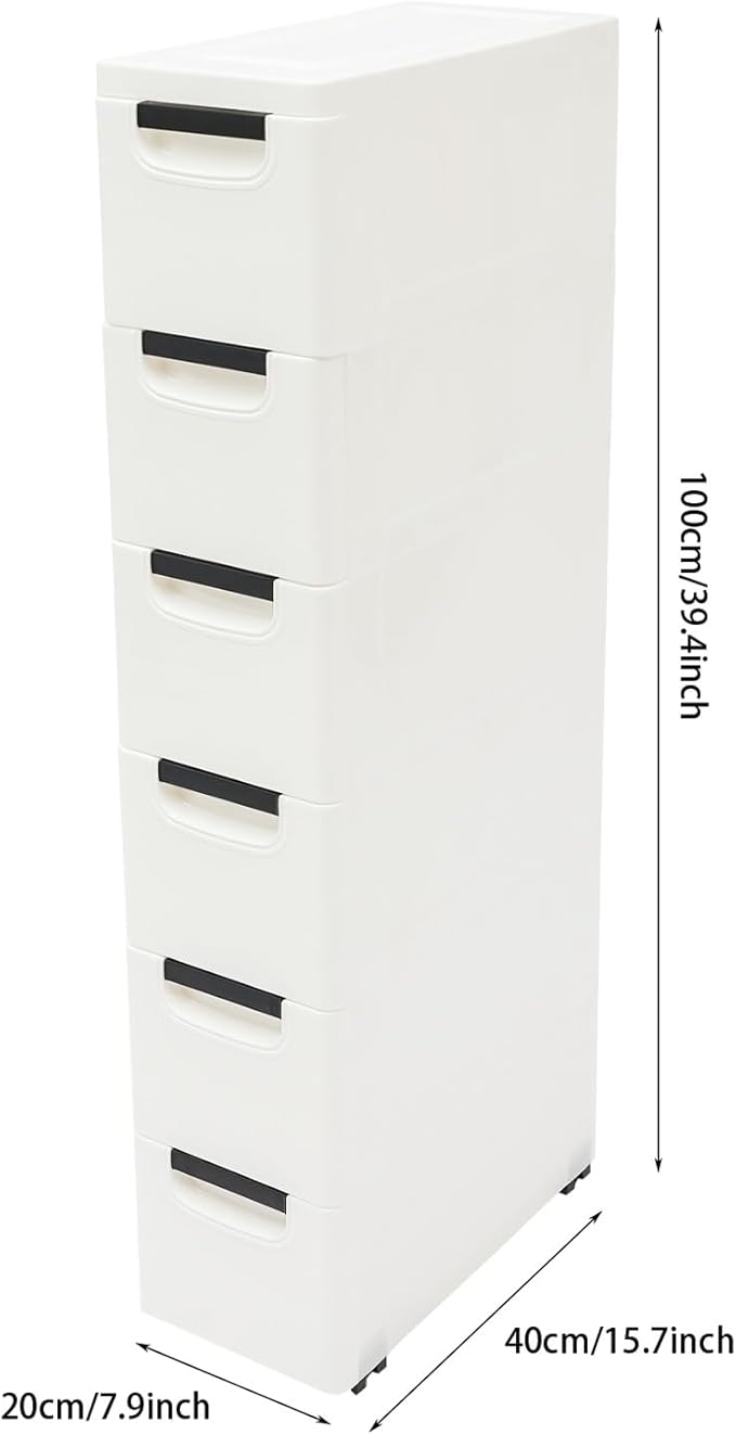 6 Drawers Narrow Slim Plastic Storage Cabinet,Storage Drawer with Wheels,6 Tier Drawers Dresser,Rolling Narrow Cabinet for Small Spaces Bathroom Kitchen Bedroom Living Room,White