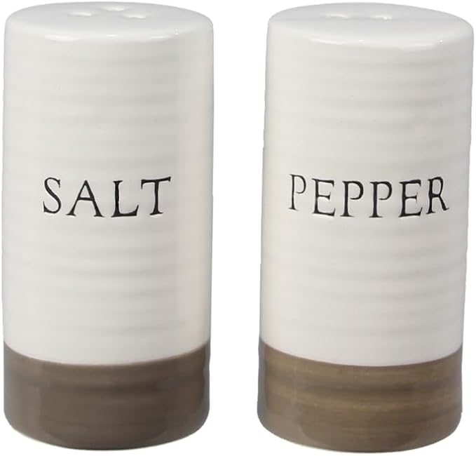 Young's Inc. Farmhouse Ceramic Salt and Pepper Shaker Set - Cute Kitchen Table Accessories and Decor, Small 3-Inch Modern White Rustic Dining Table Decor for Everyday Dining and Gift Giving