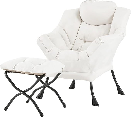 Welnow Lazy Chair with Ottoman, Modern Reading Lounge Accent Chair with Armrests and a Side Pocket, Leisure Upholstered Lazy Sofa Set with Footrest for Small Space, Beige