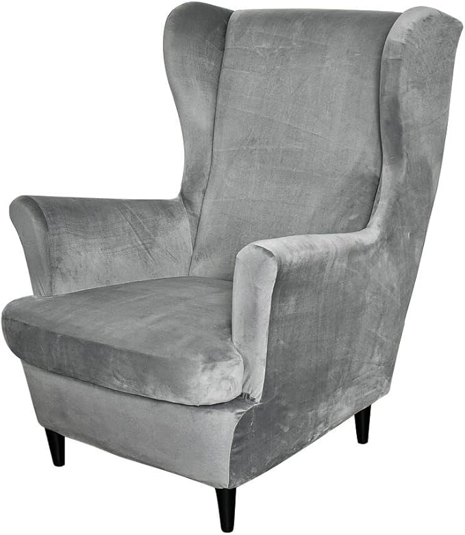 OBCREAT Wingback Chair Covers,2 Piece Stretch Velvet Wingback Chair Slipcover Soft Wing Chair Sofa Covers with Elastic Bottom,Armchair Couch Cover Furniture Protector for Living Room (Grey)