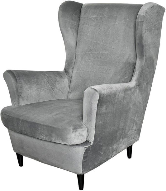 OBCREAT Wingback Chair Covers,2 Piece Stretch Velvet Wingback Chair Slipcover Soft Wing Chair Sofa Covers with Elastic Bottom,Armchair Couch Cover Furniture Protector for Living Room (Grey)