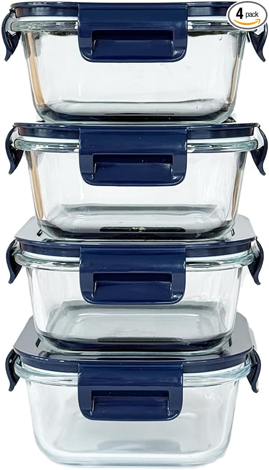 4PC Square Glass Containers With Lids (Dark Blue)