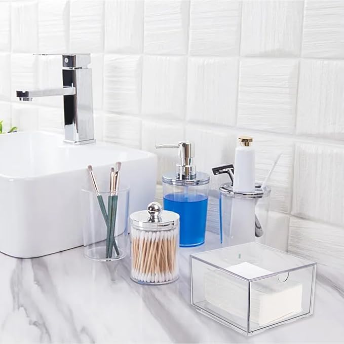 CREATCABIN Disposable Face Towel Holder Face Cloth Storage Box Clear Acrylic Stackable Makeup Clean Skin Club Towels Organizer Container Bin with Drawer for Bathroom Coutertop Accessory 6.5 x 6 x 3.9