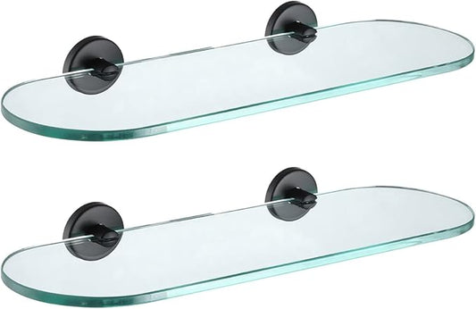 JQK Bathroom Glass Shelf Black, Tempered Glass Shower Storage 16 by 5 inches, 304 Stainless Steel Matte Black Wall Mount 2 Pack, TGS121L16-PB-P2