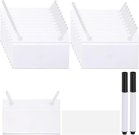 PATIKIL 3.5" x 2.2" Basket Labels Holders, 20 Pack Reusable Plastic Wire Shelf Label Holder Tag Display Clip with Button Lock with Paper Inserts Pens for Home Market Store, Clear