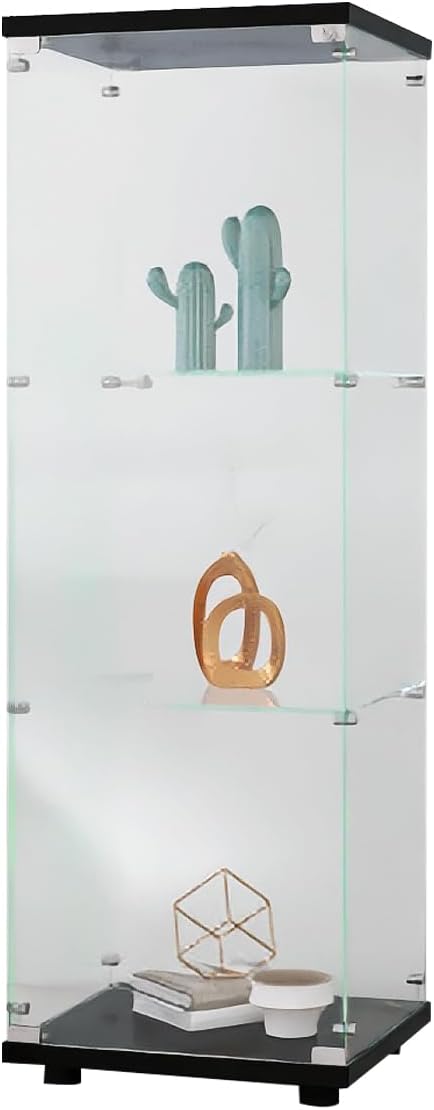 LFT HUIMEI2Y Glass Display Cabinet 3-Shelf with Door and Lock, Curio Cabinets Upgraded Quick-Install Style Tempered Glass Floor Standing Bookshelf for Bedroom, Living Room 49”x 17”x 14” Black