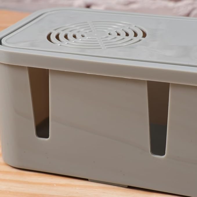 Cabilock Power Cord Storage Box Small Gray Cable Organizer Box with Cover for Desk and Home Electronics Cord Management