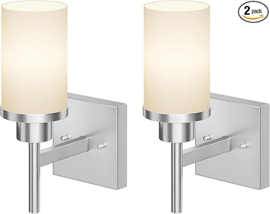 Bathroom Light Fixtures Brushed Nickel Vanity Lights with White Frosted Glass Shade, Wall Lamp for Mirror Kitchen Bedroom Porch, 2 Pack T001BR-L1-P2
