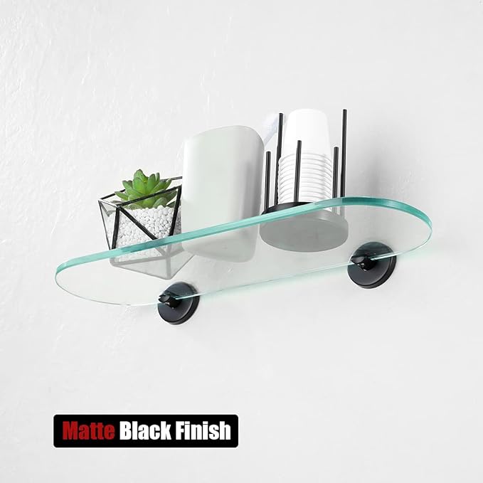 JQK Bathroom Glass Shelf Black, Tempered Glass Shower Storage 16 by 5 inches, 304 Stainless Steel Matte Black Wall Mount 2 Pack, TGS121L16-PB-P2