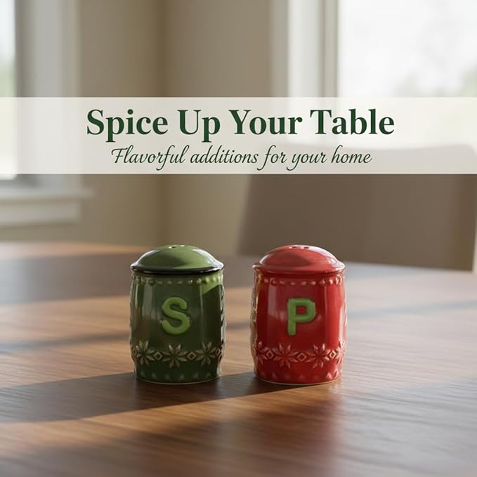 Young’s Inc Ceramic Salt Shaker, Christmas Holiday Salt and Pepper Set, Red & Green S/P Seasoning Set, Modern Kitchen Décor and Accessories, Spice Set