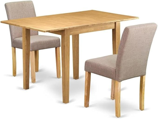 East West Furniture 1NDAB3-OAK-04 3 Piece Kitchen Table Set Contains a Rectangle Dining Table with Dropleaf and 2 Light Tan Linen Fabric Parson Dining Room Chairs, 30x48 Inch, Oak