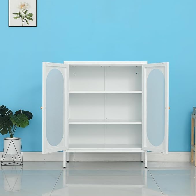 White Metal Locker Storage Accent Cabinets with 2 Adjustable Shelves, 3 Tier Metal Storage Cabinet with Legs, Steel Cupboard Lockers for Kids Bedroom, Home, Office, Entryway, Kitchen (Mash Door)