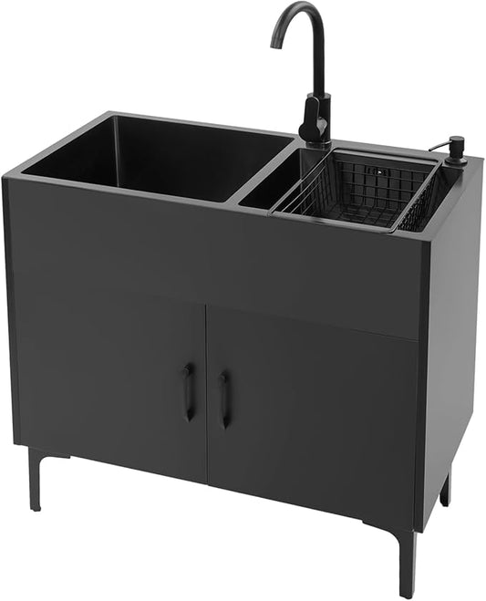 32-Inch Utility Sink Cabinet with 360° Swivel Hot/Cold Faucet, Laundry Sink with Cabinets and Stainless Steel Double Sinks, Freestanding Cabinet with Sink for Laundry&Utility Room, Kitchen, Bathroom