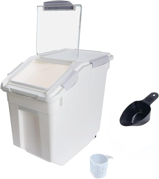 Airtight Flour Storage Container 25 lb Rice Storage Container with Wheels Seal Locking Lid, Food Containers with Measuring Cup& Scoop for Flour, Rice, Grain(Gray)