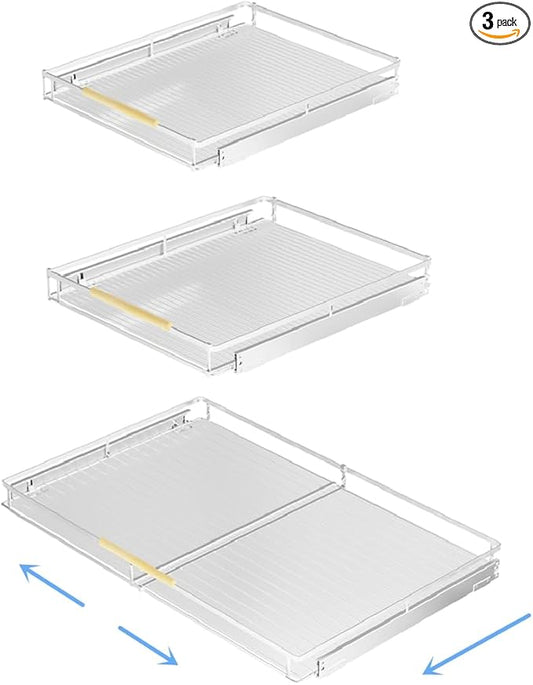 Expandable Pull Out Drawer 3Pack, Kitchen Cabinet Organizer Bottom-Mounted Slide Out Storage Shelves, 14.86''-25.86''W x 22.5''D