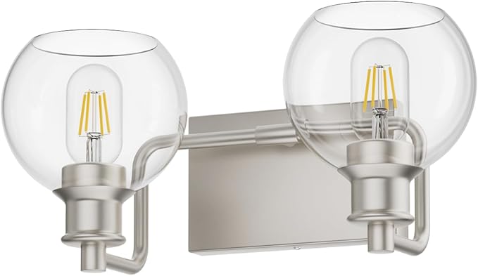 Tipace 2 Lights Modern Bathroom Vanity Light Fixtures Over Mirror Brushed Nickel Industrial Vanity Lights with Globe Clear Glass Farmhouse Wall Sconces Fixture(Exclude Bulb)