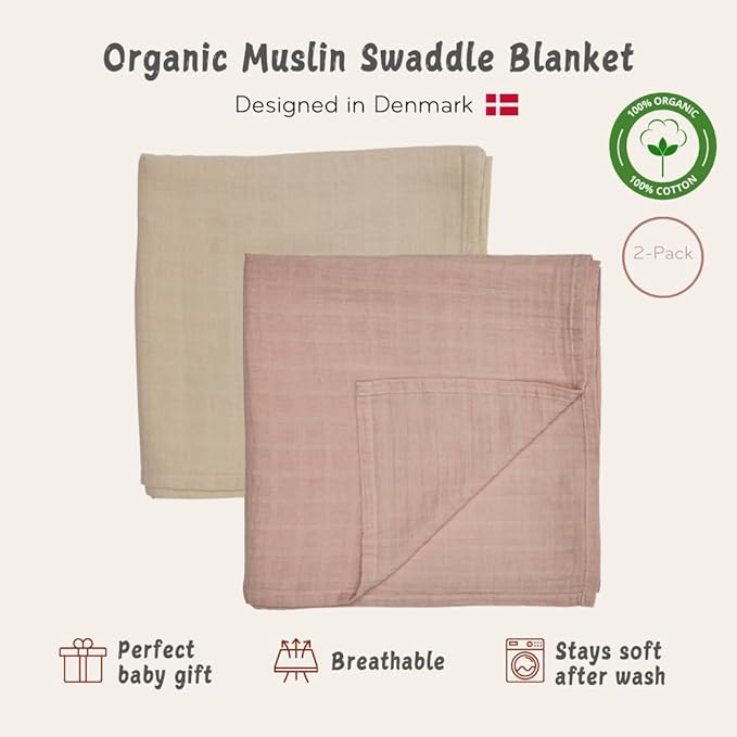 Baby Swaddle – Organic Cotton Muslin Baby Swaddle for Newborn 47” x 47” 2-Pack (Fog/Blush)