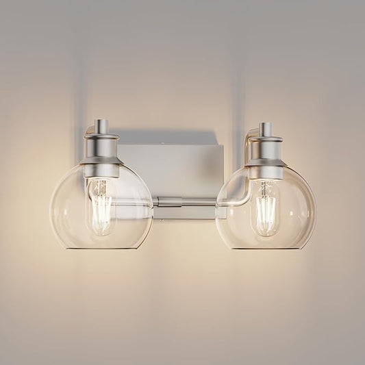 Tipace 2 Lights Modern Bathroom Vanity Light Fixtures Over Mirror Brushed Nickel Industrial Vanity Lights with Globe Clear Glass Farmhouse Wall Sconces Fixture(Exclude Bulb)