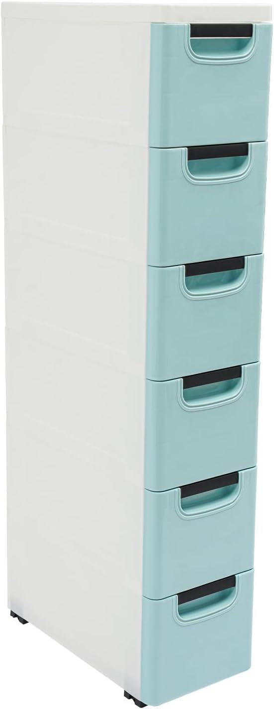 6 Drawers Storage Cabinet, Narrow Plastic Dresser, Rolling Organizer Cart, Mobile Slim Utility Cart on Wheels, Storage Drawer for Small Spaces (Blue)