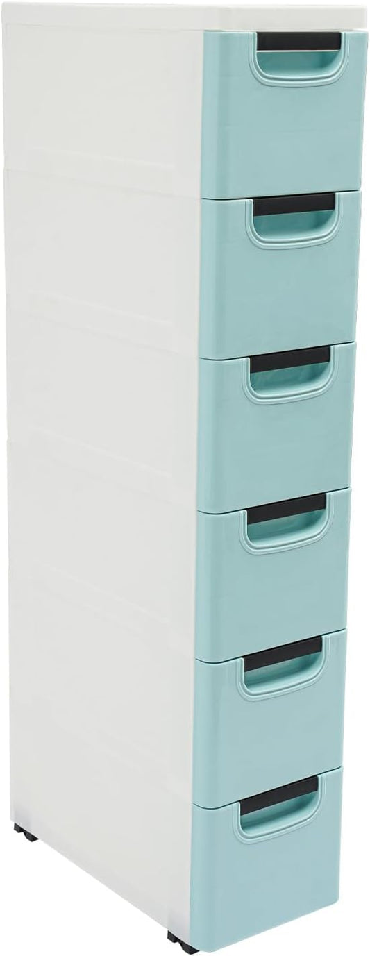 6 Drawers Storage Cabinet, Narrow Plastic Dresser, Rolling Organizer Cart, Mobile Slim Utility Cart on Wheels, Storage Drawer for Small Spaces (Blue)