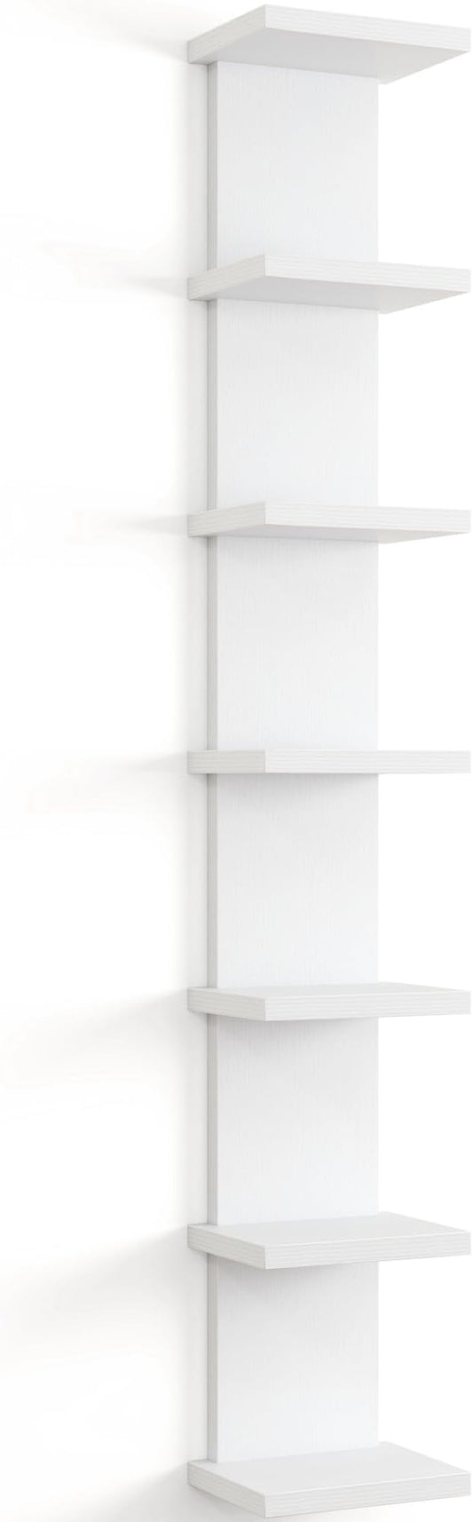 Fun Memories 7 Tier Wall Shelf Unit, White Floating Shelves for Storage - Vertical Column Tower Design, Lack Wall Shelf Space Saving Organizer for Bedroom, Living Room, Home Decor