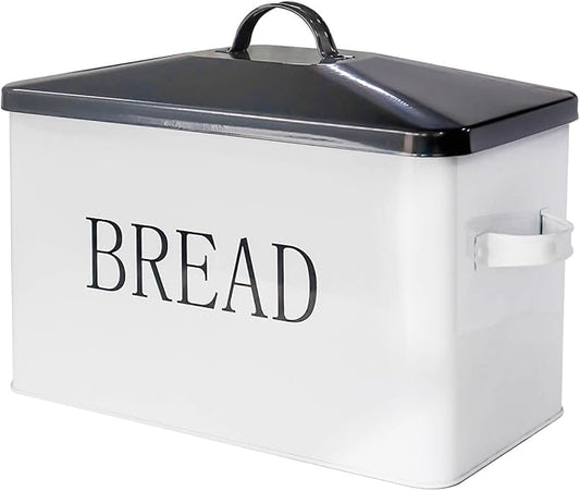 SOTECH Metal Bread Box with Lid for Kitchen Countertop Large Bread Bin kitchen Bread Food Snacks Storage Container Farmhouse BreadBox Grey Lid White Body with Side Handles