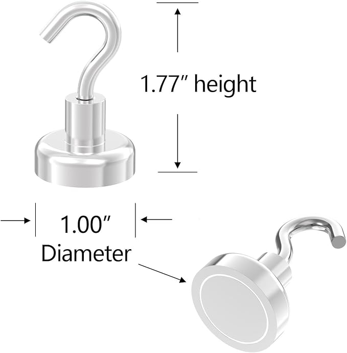Strong Magnetic Hooks with 1 Inch Dia Magnet Base, 80lbs - 12Pack Heavy Duty Rare Earth Magnet Hook for Refrigerator,Extra Strong Cruise Hook for Hanging, Magnetic Hanger for Cabins, Grill