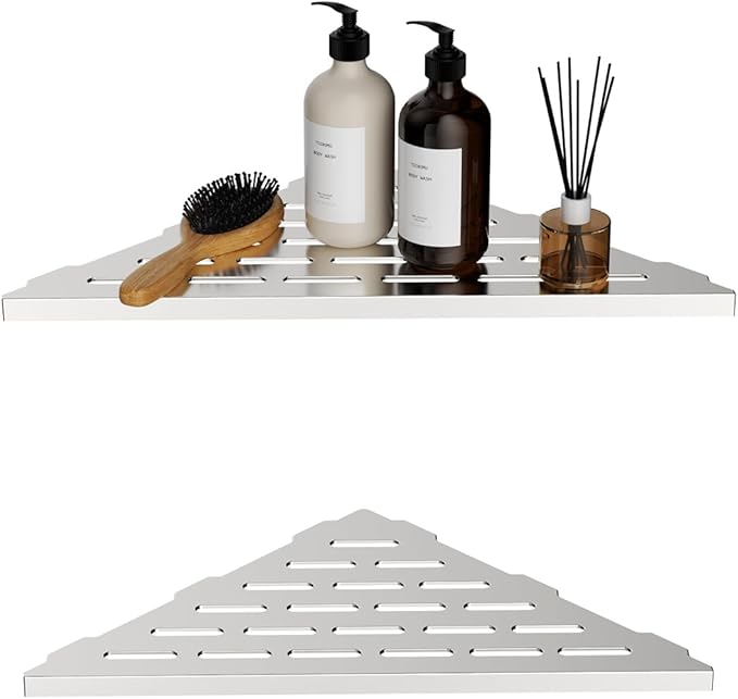 2-Pack 10" Wall Mounted Corner Shower Shelf - No Drilling Recessed Bathroom Shelves, Triangular Shower Caddy Organizer, Rustproof Stainless Steel Shower Shelves for Tiled Walls(Brushed)