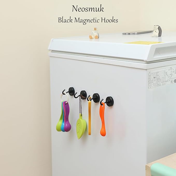 Neosmuk Black Magnetic Hooks, Strong Magnet with Hook for Fridge, Super Neodymium Extra Strength Industrial Hooks for Hanging (Matte Black,4 Pack)
