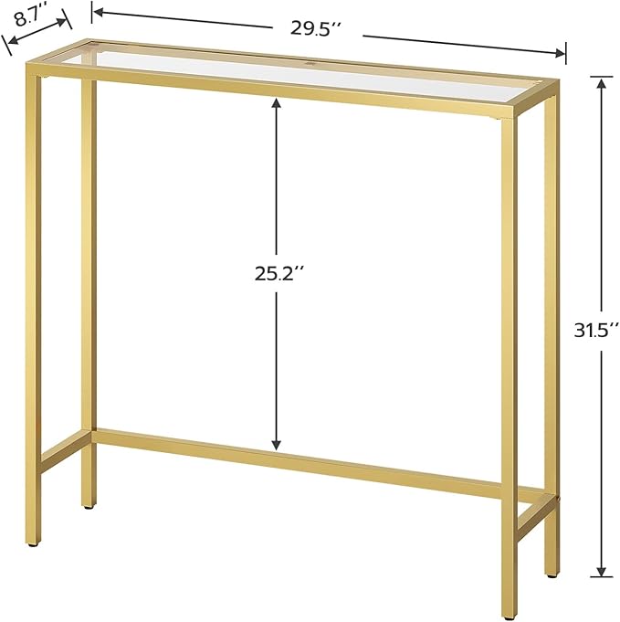 HOOBRO 29.5" Narrow Console Table, Tempered Glass Sofa Table, Small Side Table, Modern Entryway Table, for Entrance, Living Room, Foyer, Hallway Bedroom, Gold GD07XG01