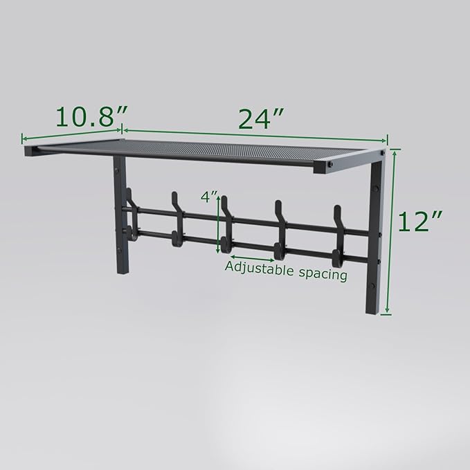 Wall Mount Coat Rack with Shelf and Adjustable Hooks - Entryway Towel Organizer for Bag and Hangers (Black, 24x24 inch)