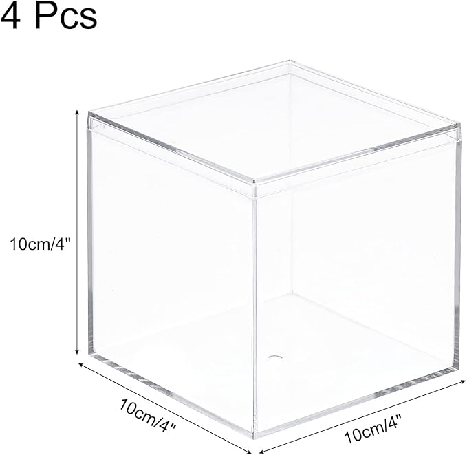 MECCANIXITY Clear Acrylic Plastic Storage Box Square Cube Display Case with Lid, 9.5x9.5x9.5cm Container Box for Small Item, Pack of 4