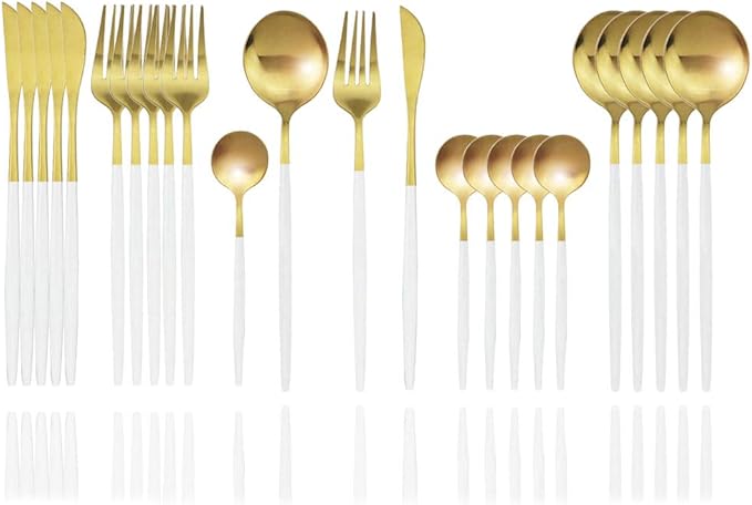 JASHII Matte Silverware Set, 24-Piece Stainless Steel Flatware Cutlery Set for 6, Ideal for Home Wedding Festival Party, Dishwasher Safe (White Handle Gold)