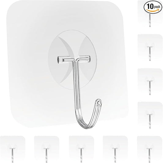 Heavy Duty Adhesive Wall Hooks - Strong & Transparent, Hold up to 22lb, Waterproof & Reusable, Ideal for Kitchen, Bathroom, and Office (10 Pack)
