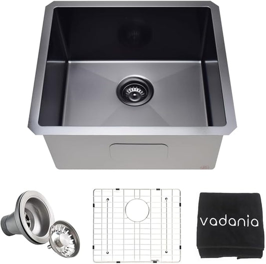 VADANIA 20-inch Kitchen Bar Sink, Black-plated Finish, 20"x18"x10", Single Bowl, Undermount, 18 Gauge T304 Stainless Steel, with Strainer & Bottom Grid, cUPC listed