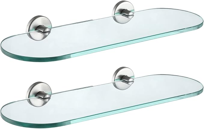JQK Bathroom Glass Shelf Brushed Steel, Tempered Glass Shower Storage 16 by 5 inches, 304 Stainless Steel Brushed Wall Mount 2 Pack, TGS121L16-BN-P2