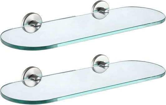 JQK Bathroom Glass Shelf Brushed Steel, Tempered Glass Shower Storage 16 by 5 inches, 304 Stainless Steel Brushed Wall Mount 2 Pack, TGS121L16-BN-P2