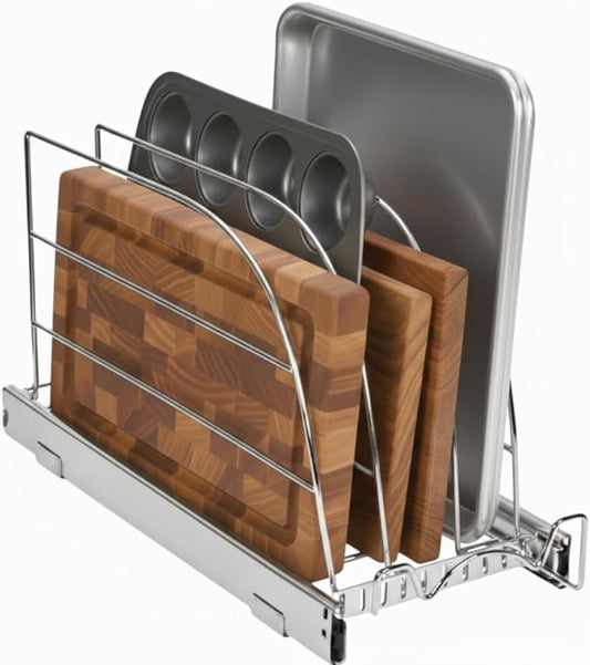 HOLDN’ STORAGE Pull Out Organizer for Bakeware, Cutting Board and Trays, Adjustable Dividers - Heavy Duty, Lifetime Limited Warranty - For Narrow Cabinet Spaces, 8.5”W x 21”D x 11”H, Chrome