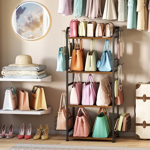koozuuyk 4-Tier Purse Organizer for Closet with 3 Side Hooks and 2 Baskets, High Capacity Purse Rack Stand for Purse Storage, Metal & Wood Handbag Holder for Handbag Organizer, Pat - Image 7